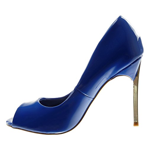 Angkorly - Zapatillas Moda Tacón escarpín Slip-on Peep-Toe Decollete Mujer Patentes Tacón de Aguja Alto 10.5 CM - Azul eléctrico 628-113 T 37