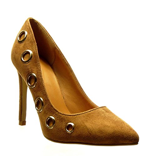 Angkorly - Zapatillas Moda Tacón escarpín Stiletto Sexy Mujer Tachonado metálico Talón Tacón de Aguja Alto 10 CM - Camel 888-105 T 38