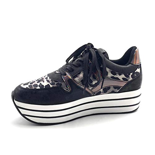 Angkorly - Zapatillas Moda Zapatilla - Sneakers de cuña Gran Plataforma Plano Streetwear Mujer Leopardo Rayas Plataforma 5 CM - Negro 6 F3201 T 38