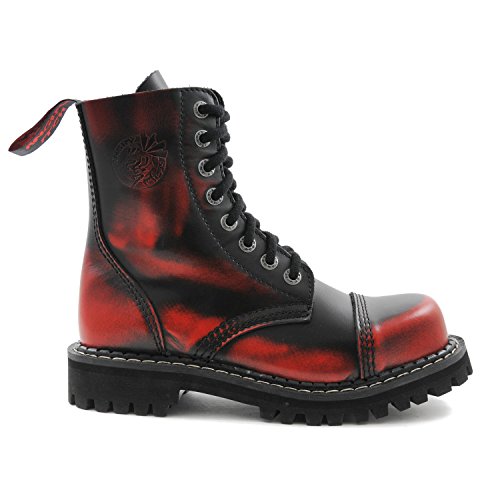 Angry Itch Botas Militares Unisex Hombre Mujer Cuero Rojo Frotado Negro 8 Agujeros Army Punk Punta de Hierro