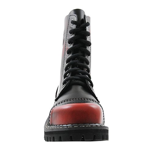 Angry Itch Botas Militares Unisex Hombre Mujer Cuero Rojo Frotado Negro 8 Agujeros Army Punk Punta de Hierro