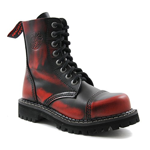 Angry Itch Botas Militares Unisex Hombre Mujer Cuero Rojo Frotado Negro 8 Agujeros Army Punk Punta de Hierro