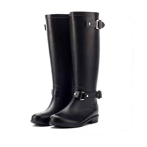 AONEGOLD Botas de Agua Mujer Lluvia Altas Zapato Impermeables Ajustable Cremallera y Hebilla Goma Botas Wellington(Negro 1,40 EU)