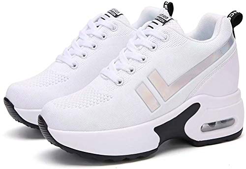 AONEGOLD Zapatillas de Deporte Transpirables Mujer Zapatillas de Cuña para Alta Talón Plataforma 8.5 cm Wedge Sneakers 1298 Blanco 37 EU