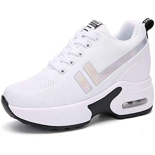 AONEGOLD Zapatillas de Deporte Transpirables Mujer Zapatillas de Cuña para Alta Talón Plataforma 8.5 cm Wedge Sneakers 1298 Blanco 37 EU