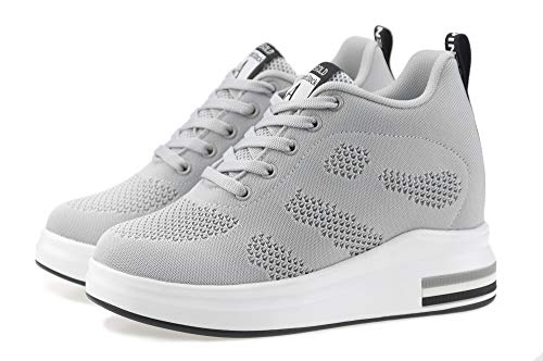 AONEGOLD® Zapatillas de Deporte Transpirables Zapatillas de Cuña para Mujer Alta Talón Plataforma 8cm Sneakers(Gris,37 EU)