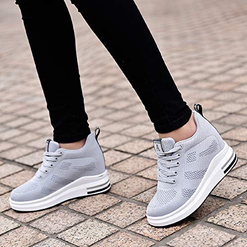 AONEGOLD® Zapatillas de Deporte Transpirables Zapatillas de Cuña para Mujer Alta Talón Plataforma 8cm Sneakers(Gris,37 EU)