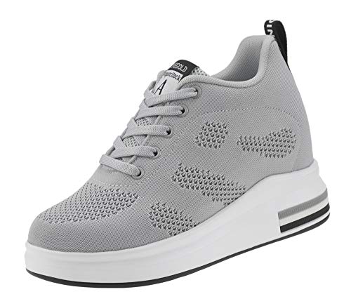 AONEGOLD® Zapatillas de Deporte Transpirables Zapatillas de Cuña para Mujer Alta Talón Plataforma 8cm Sneakers(Gris,37 EU)