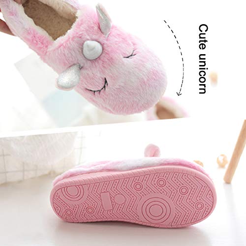 AONETIGER Unicornio Zapatillas Casa Mujer Niña Pantuflas Invierno de Estar Cerradas Peluche Antideslizante Cómodas Slippers(Rosa,talla34,35)