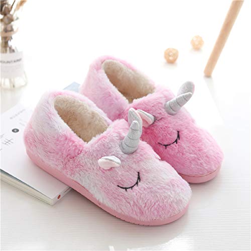 AONETIGER Unicornio Zapatillas Casa Mujer Niña Pantuflas Invierno de Estar Cerradas Peluche Antideslizante Cómodas Slippers(Rosa,talla34,35)