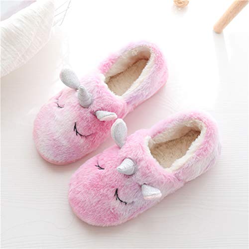 AONETIGER Unicornio Zapatillas Casa Mujer Niña Pantuflas Invierno de Estar Cerradas Peluche Antideslizante Cómodas Slippers(Rosa,talla34,35)