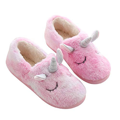 AONETIGER Unicornio Zapatillas Casa Mujer Niña Pantuflas Invierno de Estar Cerradas Peluche Antideslizante Cómodas Slippers(Rosa,talla34,35)