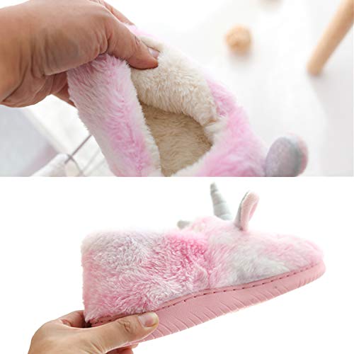 AONETIGER Unicornio Zapatillas Casa Mujer Niña Pantuflas Invierno de Estar Cerradas Peluche Antideslizante Cómodas Slippers(Rosa,talla34,35)