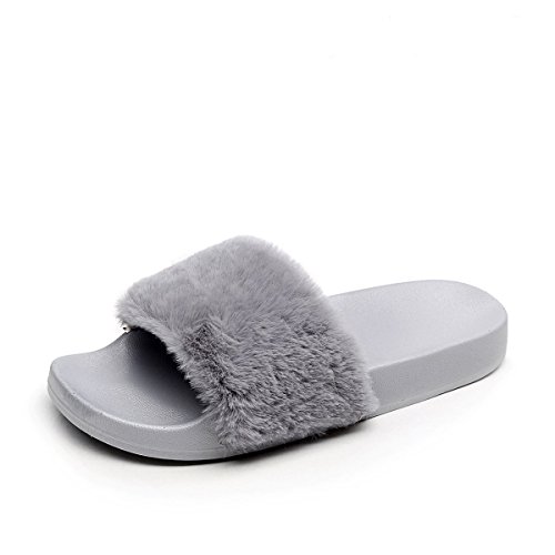 APIKA Zapatilla de piel sintética Flip Flop para mujer Borroso Mullido Confortable Controles deslizantes Abierto Ponerse(36 EU gris)