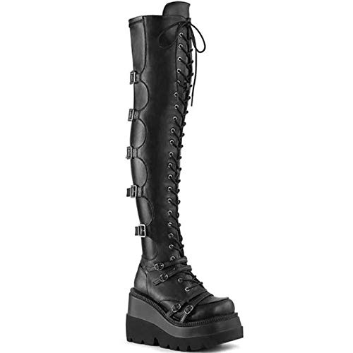 AQTEC Botas con Cordones para Mujer Cuero Plataforma de cuña De Tacón Alto sobre La Rodilla Botas Motero Militar de Combate Punk gótico Botas largas,Negro,36 EU