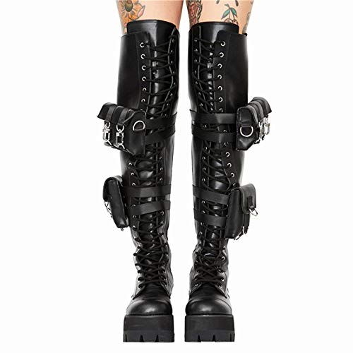 AQTEC Botines con Cordones para Mujer De Cuero Plataforma De Tacón Alto sobre La Rodilla Botas Motero Militar Combate Punk Rock gótico Botas largas,Negro,40 EU