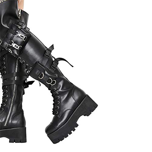 AQTEC Botines con Cordones para Mujer De Cuero Plataforma De Tacón Alto sobre La Rodilla Botas Motero Militar Combate Punk Rock gótico Botas largas,Negro,40 EU