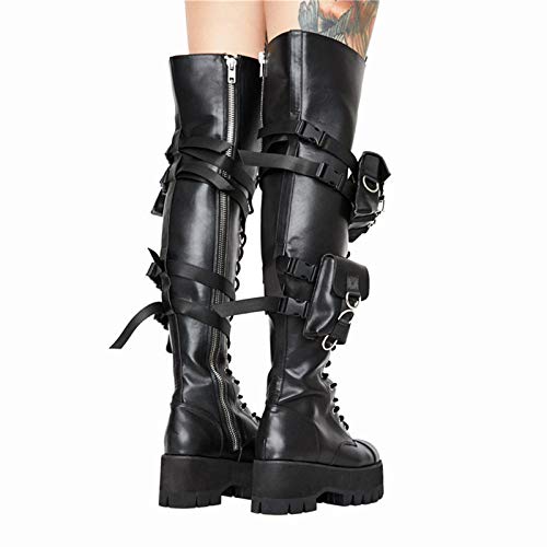 AQTEC Botines con Cordones para Mujer De Cuero Plataforma De Tacón Alto sobre La Rodilla Botas Motero Militar Combate Punk Rock gótico Botas largas,Negro,40 EU