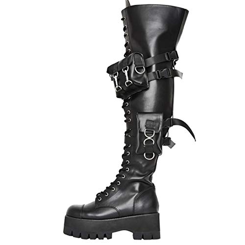 AQTEC Botines con Cordones para Mujer De Cuero Plataforma De Tacón Alto sobre La Rodilla Botas Motero Militar Combate Punk Rock gótico Botas largas,Negro,40 EU