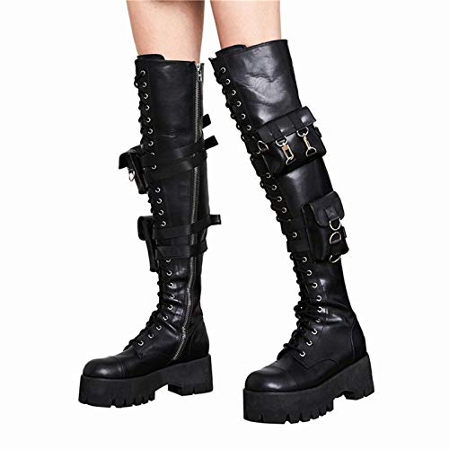 AQTEC Botines con Cordones para Mujer De Cuero Plataforma De Tacón Alto sobre La Rodilla Botas Motero Militar Combate Punk Rock gótico Botas largas,Negro,40 EU