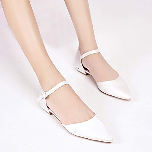 AQTEC Zapatos de Novia de satén Ballet Plana para Mujer Zapatos de Boda de Salon Puntiagudos,Blanco,40 EU