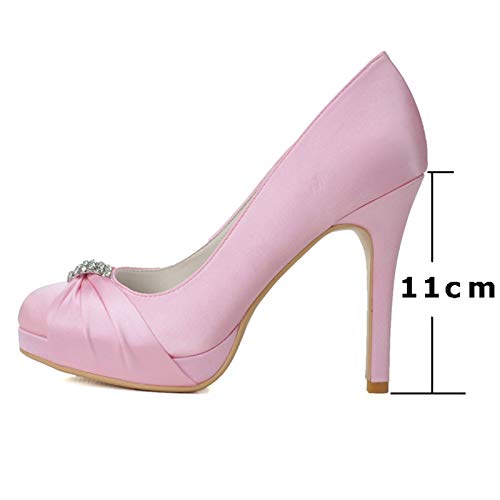 AQTEC Zapatos de tacón Alto para Mujer con Punta Cerrada de satén Tacones de Aguja Diamante de imitación decoración Zapatos de Boda de Novia,Rosado,41 EU