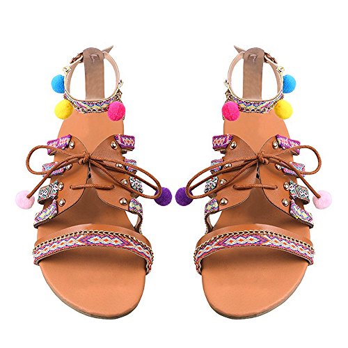 ASHOP Sandalias Mujer Bohemia Las Bailarinas Planas Zapatos de Cordones Verano Cuero de Gladiador Moda Zapatillas De Playa Sandalias y Chanclas de Cuero Cómodo Y Elegante (40 EU, Multicolor)