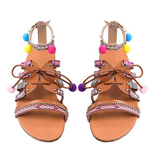 ASHOP Sandalias Mujer Bohemia Las Bailarinas Planas Zapatos de Cordones Verano Cuero de Gladiador Moda Zapatillas De Playa Sandalias y Chanclas de Cuero Cómodo Y Elegante (40 EU, Multicolor)