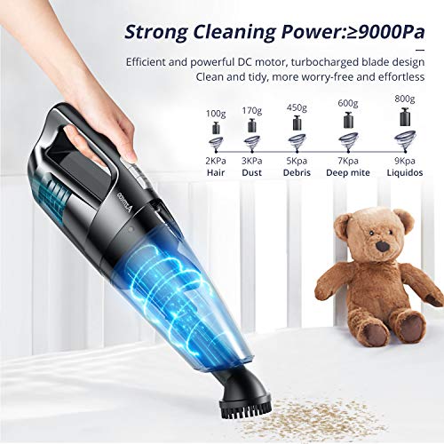 Aspiradora de Mano Sin Cable, Azmkoo 9000PA Aspirador Inalámbrico Portátil de Coche con 2500mAh Batería Luz LED HEPA Filtro Lavable Aspirador en Seco y Húmedo para Pelos Mascotas, Casa, Coche, Oficina