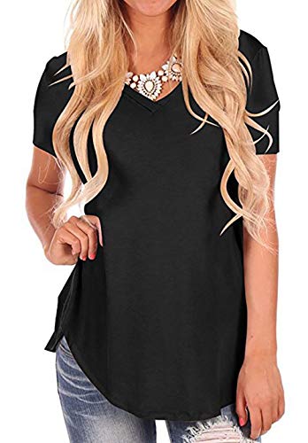 Aswinfon Camiseta de Mujer Talla Grande Verano Suelto Cuello en V Manga Corta Casual Túnica fluida Camiseta Top Top (Negro, L)