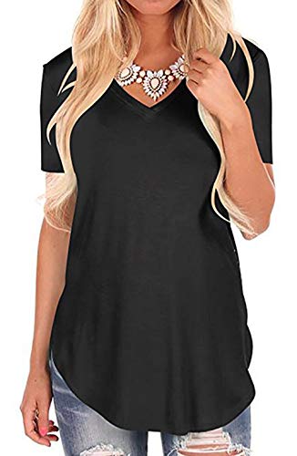 Aswinfon Camiseta de Mujer Talla Grande Verano Suelto Cuello en V Manga Corta Casual Túnica fluida Camiseta Top Top (Negro, L)