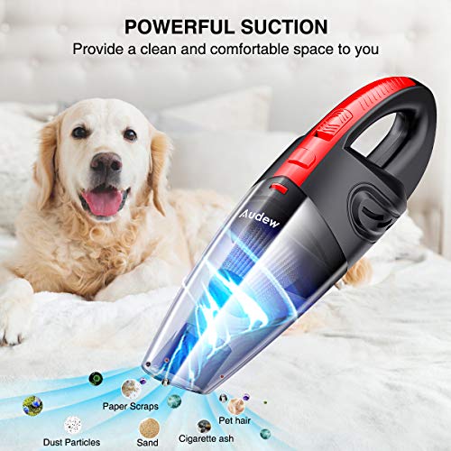 Audew Aspiradora de Mano Sin Cable, Aspirador Inalámbrico Portatil Seco y Húmedo 120W 2200 mAh, con 3 Cepillos, HEPA Filtro Lavable y Bolsa de Transporte para Coches, Sofas, Pelos Mascotas, Casa