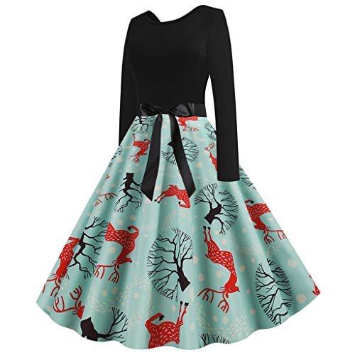 Auifor Vestido Vintage con Estampado navideño de Manga Larga Vintage para Mujer Cinturón con Lazo Vestido de Fiesta para Fiesta de ama de casa de los años 50（Verde/Small）