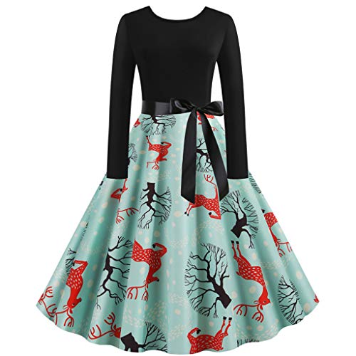 Auifor Vestido Vintage con Estampado navideño de Manga Larga Vintage para Mujer Cinturón con Lazo Vestido de Fiesta para Fiesta de ama de casa de los años 50（Verde/Small）