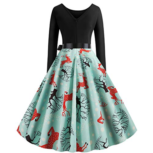 Auifor Vestido Vintage con Estampado navideño de Manga Larga Vintage para Mujer Cinturón con Lazo Vestido de Fiesta para Fiesta de ama de casa de los años 50（Verde/Small）