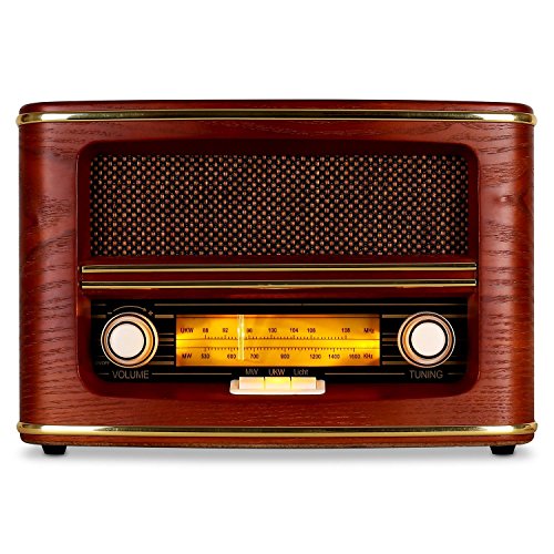 AUNA Belle Epoque 1905 - Radio nostálgica, Radio FM, Banda de Frecuencias, Regulador de Volumen y Frecuencias, Cable de Antena, Carcasa de Madera, Revestimiento para Altavoces, Dorado, Rojo