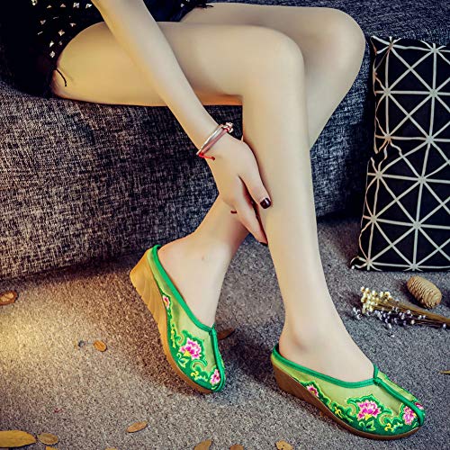 AWSAYS 2019 El Verano Dama Corona Malla Zapatillas Sandalias De CuñA Bordadas Estilo Chino De Estilo éTnico