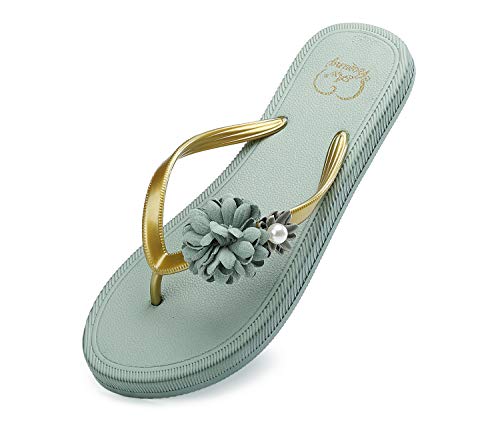 AX BOXING Chanclas Mujer Flip Flop Exquisito Decoración Floral Sandalias Verano Piscinas Playa Interior Al Aire Libre Tamaño 36-41 (Verde, Numeric_39)