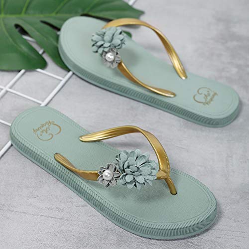 AX BOXING Chanclas Mujer Flip Flop Exquisito Decoración Floral Sandalias Verano Piscinas Playa Interior Al Aire Libre Tamaño 36-41 (Verde, Numeric_39)