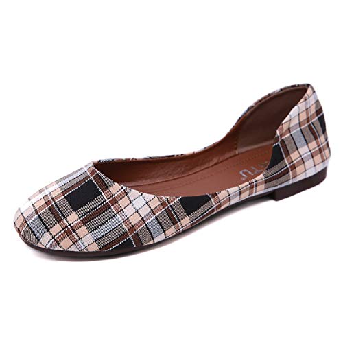 Bailarinas para Mujer, Morbuy Zapatos Bailarinas Básicas Planas de Mujer Zapatos de Primavera Verano Otoño Estilo Plaid (36 EU = 230 mm/9'',Beige)