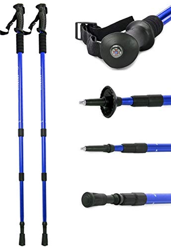 Bastones de Marcha nórdica (2 Unidades, telescópicos, de 100 cm a 135 cm, aleación de Aluminio, con amortiguación, amortiguadores de Goma y Tapas Protectoras), Azul o Negro