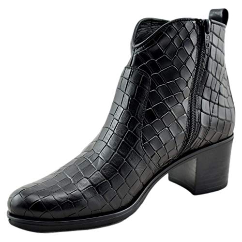 B.D.A. - BOTÍN DE Piel GRABADA con Cremallera Interior. TACÓN Ancho DE 6 cm. Cuero Mujer Color: Negro Talla: 40