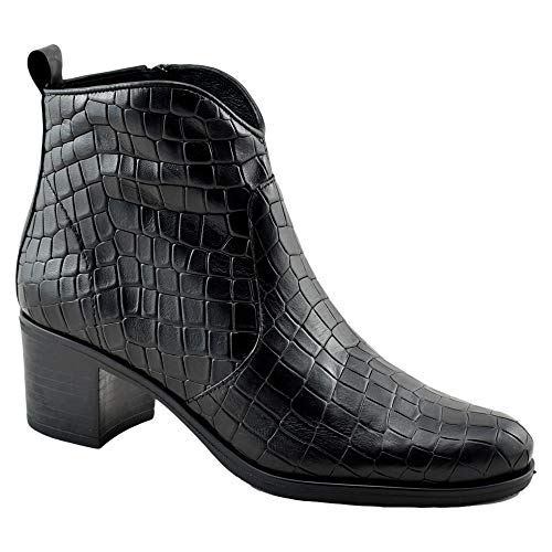 B.D.A. - BOTÍN DE Piel GRABADA con Cremallera Interior. TACÓN Ancho DE 6 cm. Cuero Mujer Color: Negro Talla: 40