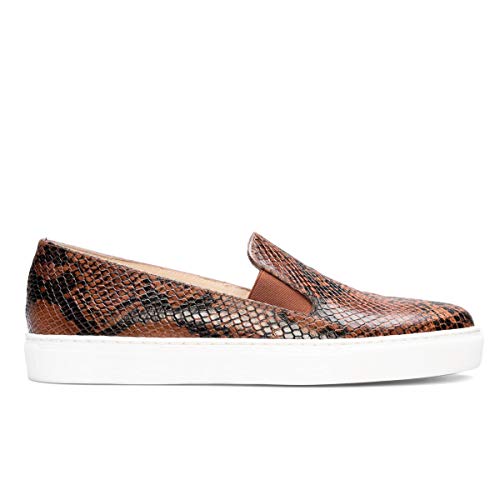 Beatriz - Zapatillas Sneakers Slip On Negras Vestir para Mujer en Piel - Planos Suela Gruesa - Cierre Elásticos - Moda Tendencia Sport Casual - Animal Print - Serpiente Marrón - Marrón 36 EU