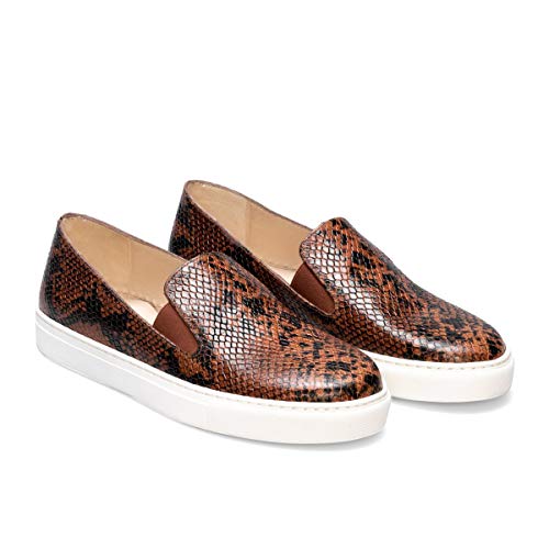Beatriz - Zapatillas Sneakers Slip On Negras Vestir para Mujer en Piel - Planos Suela Gruesa - Cierre Elásticos - Moda Tendencia Sport Casual - Animal Print - Serpiente Marrón - Marrón 36 EU