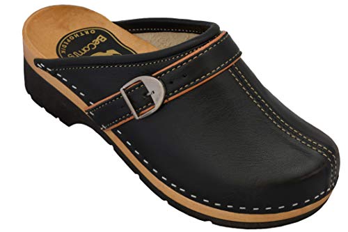 BeComfy - Zuecos de Madera con Cuero para Mujeres - Zapatos para el Trabajo - Suela Reforzada con una Capa de Goma Elástica - Blanco, Negro, Azul Marino, Flores (38 EU, Negro 2)