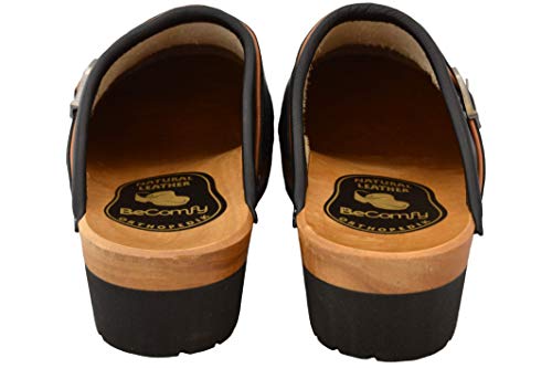 BeComfy - Zuecos de Madera con Cuero para Mujeres - Zapatos para el Trabajo - Suela Reforzada con una Capa de Goma Elástica - Blanco, Negro, Azul Marino, Flores (38 EU, Negro 2)