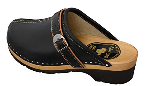 BeComfy - Zuecos de Madera con Cuero para Mujeres - Zapatos para el Trabajo - Suela Reforzada con una Capa de Goma Elástica - Blanco, Negro, Azul Marino, Flores (38 EU, Negro 2)