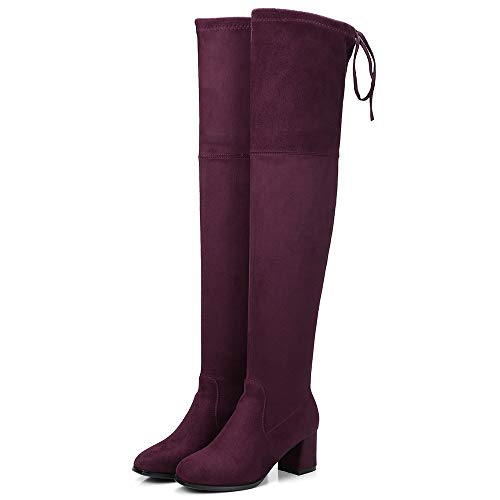 BeiaMina Clásico del bloque del talón de alta del muslo botas de atracción sobre el vestido de partido Botas Mediados del talón sobre la rodilla patea para Mujer 38 de EE.UU. Rojo, Vino Rojo