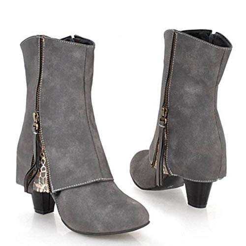 BeiaMina Mujer Botas Moda Tacón Ancho Botas Fiesta Cremallera Otoño Invierno Zapatos Tacón Alto Botas De Vestir Grey Talla 34 Asiática